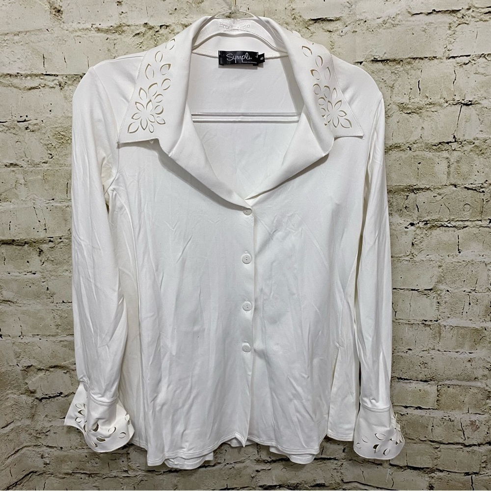 Sympli White Floral Lazer Cut V Neck Button Up Shirt
